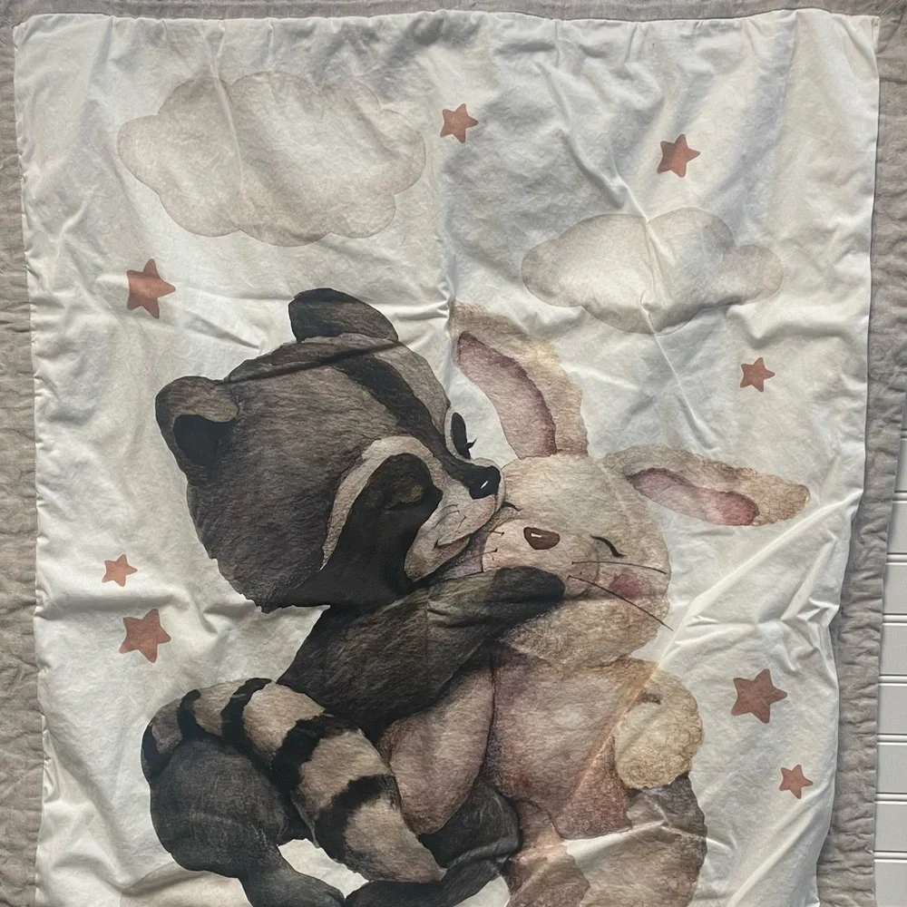 Charming Baby Quilt with Hugging Raccoon & Bunny Animal Design Handmade